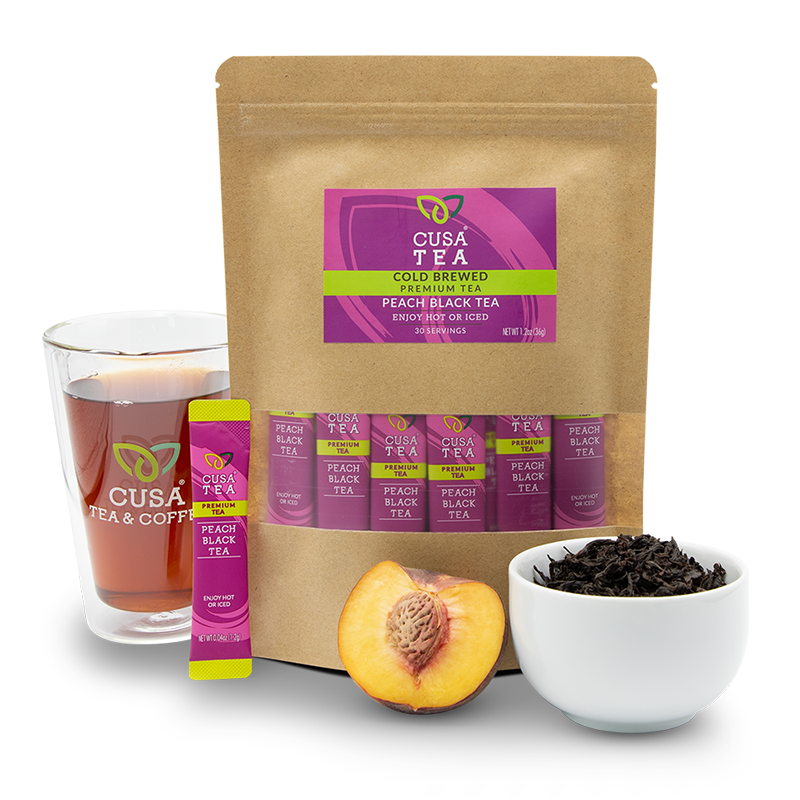 Cusa Tea & Coffee | Premium Instant Peach Black Tea with Real Fruit & Spices | Organic Leaves Drink Mix Packets | Hot or Iced Tea (30 Single Servings)