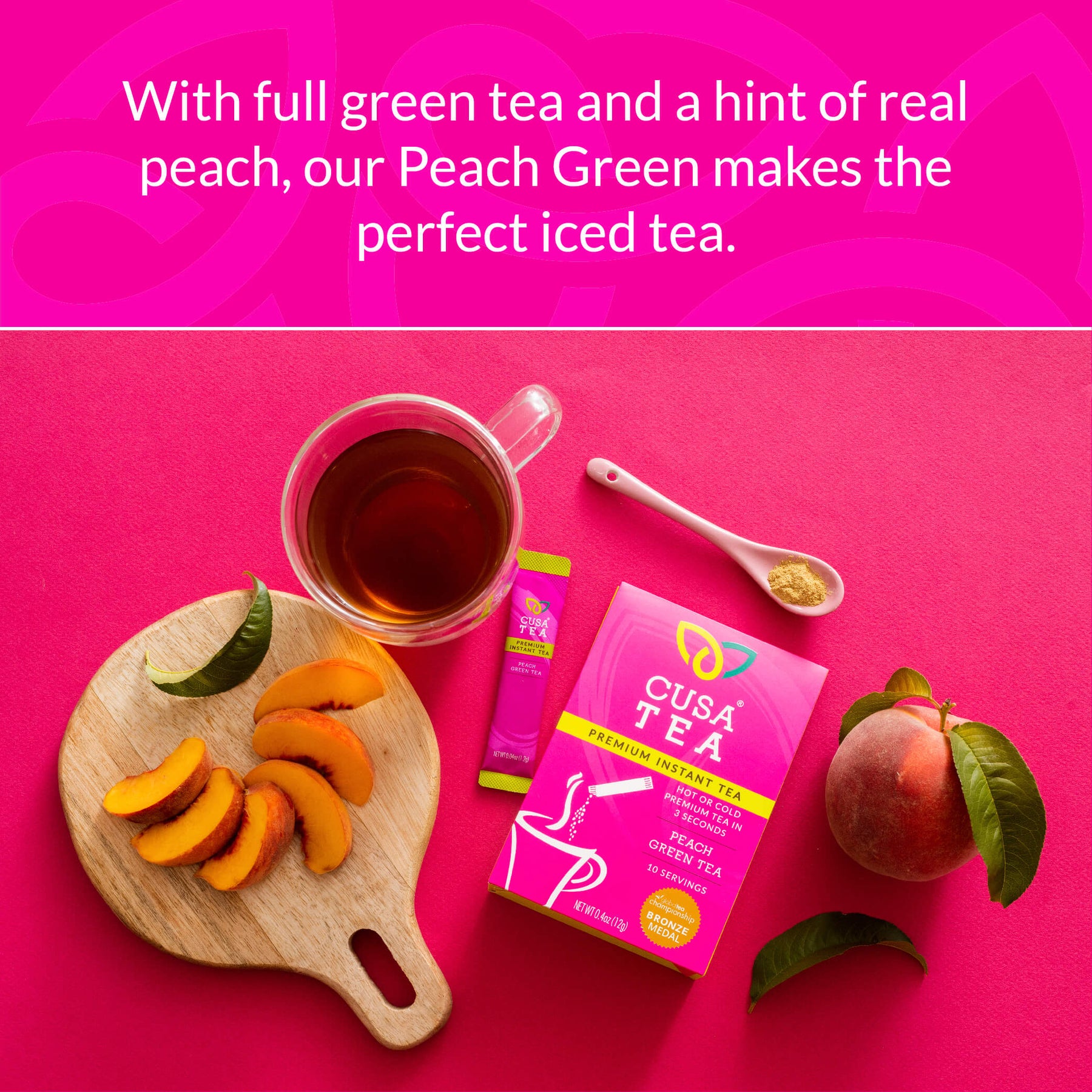 Cusa Tea & Coffee | Premium Instant Peach Black Tea with Real Fruit & Spices | Organic Leaves Drink Mix Packets | Hot or Iced Tea (30 Single Servings)